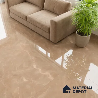 Modern living room with beige marble-look glossy floor tiles and suede sofa