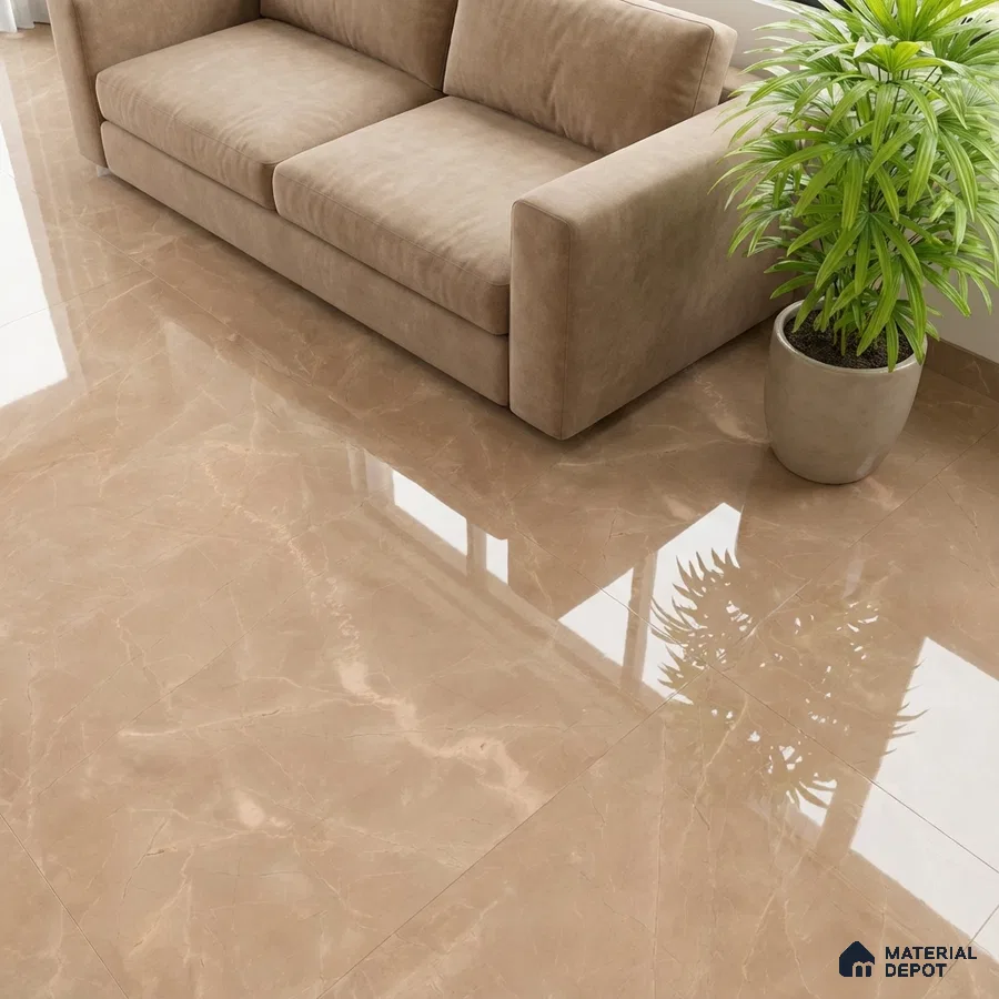 Modern living room with beige marble-look glossy floor tiles and suede sofa