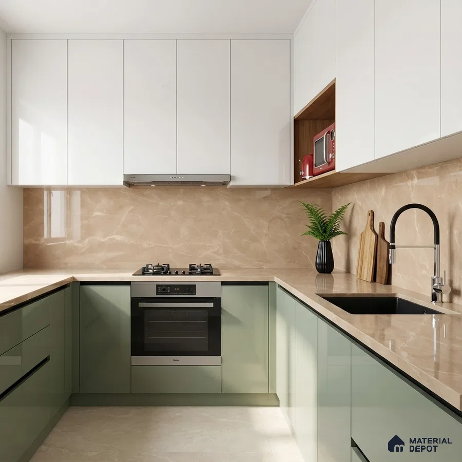 Modern U-shaped kitchen with sage green and white laminate, beige marble-look backsplash and countertop
