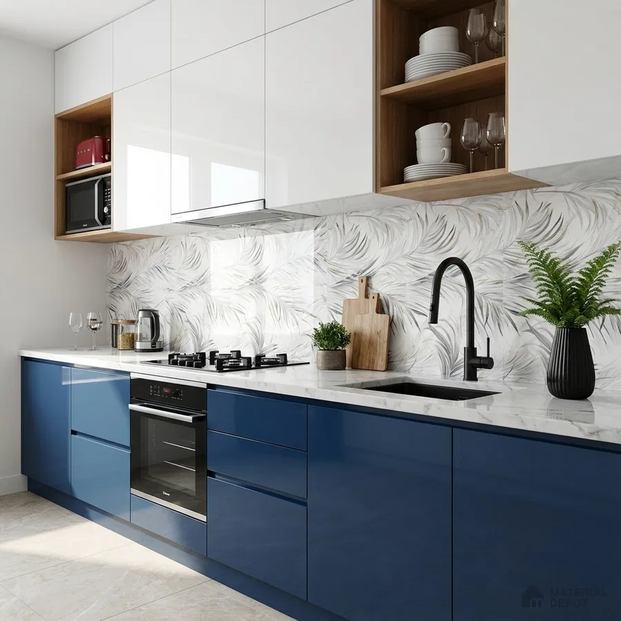 Modern kitchen with blue high gloss laminate, white quartz countertop, and leaf patterned backsplash tile