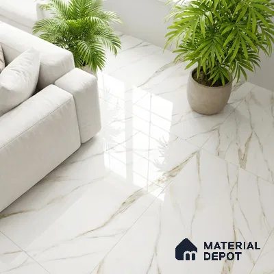 Modern living room with polished white marble-look floor tiles and neutral sofa