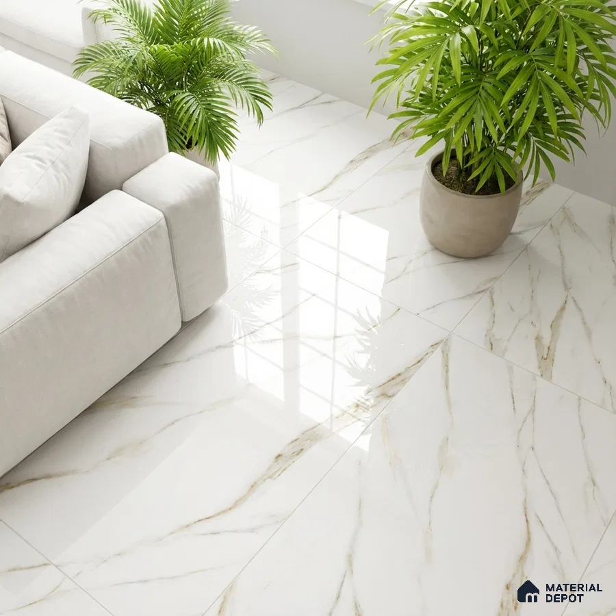 Modern living room with polished white marble-look floor tiles and neutral sofa