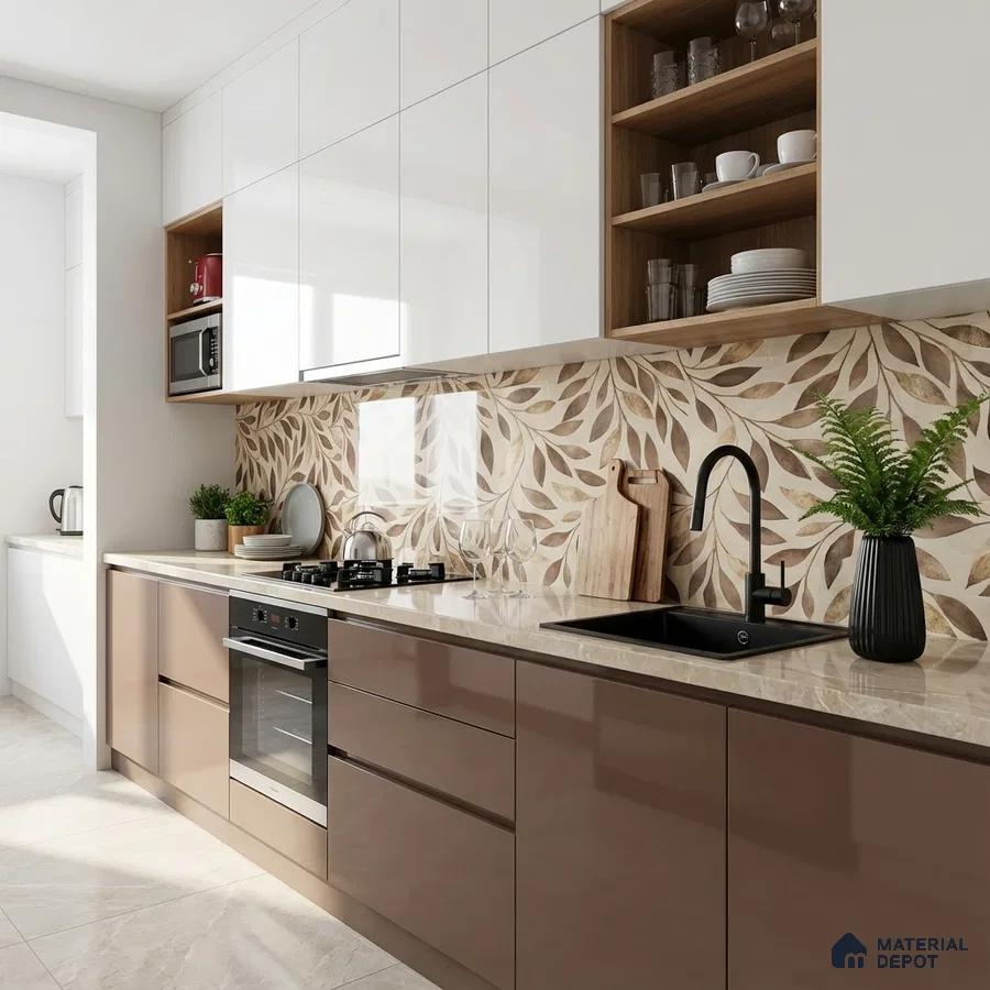 Modern kitchen with glossy taupe laminate, white laminate, leaf-patterned backsplash tile, and beige quartz countertop