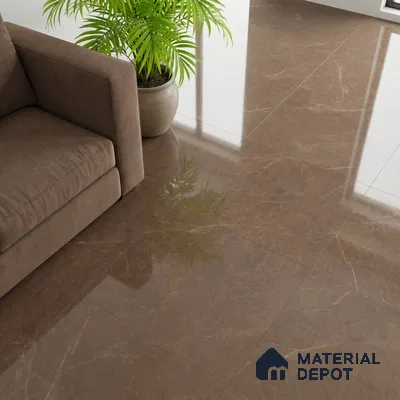 Modern living room with glossy brown marble floor tiles and taupe fabric sofa