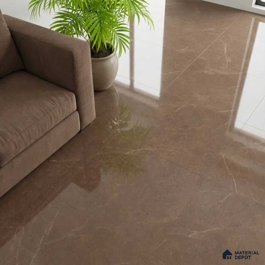 Modern living room with glossy brown marble floor tiles and taupe fabric sofa
