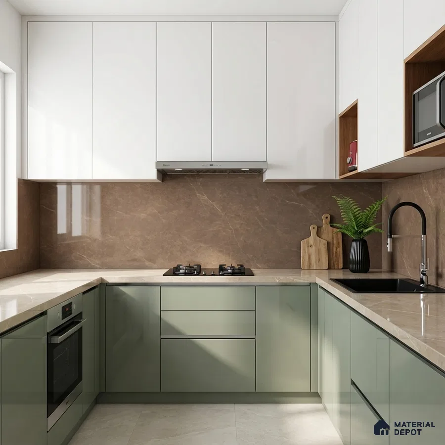 Modern U-shaped kitchen with sage green and white laminate, beige marble backsplash and countertop