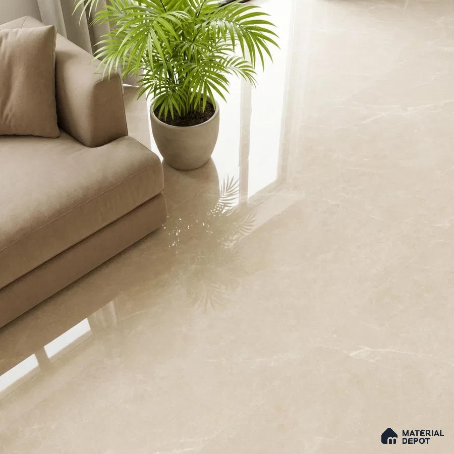 Modern living room with beige marble-look glossy floor tiles and taupe fabric sofa