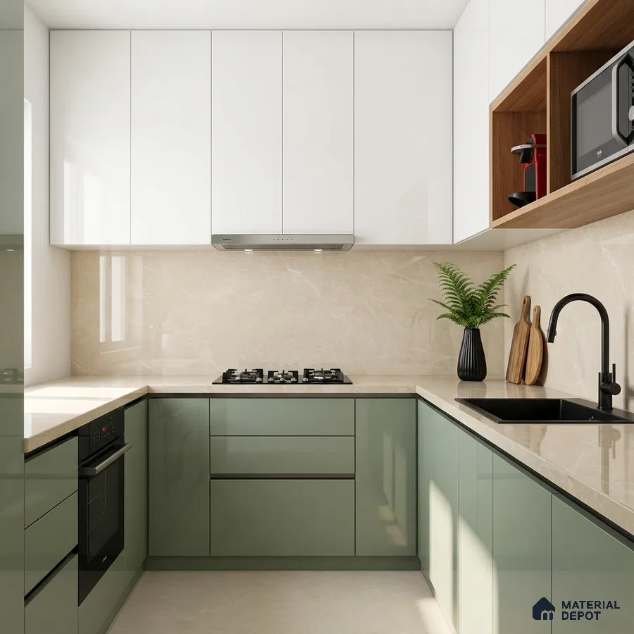 Modern dual tone kitchen with sage green and frosty white laminate, beige marble backsplash and countertop