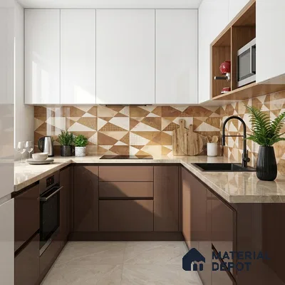 Modern kitchen with glossy brown laminate, white laminate, beige quartz countertop, and geometric patterned backsplash tile