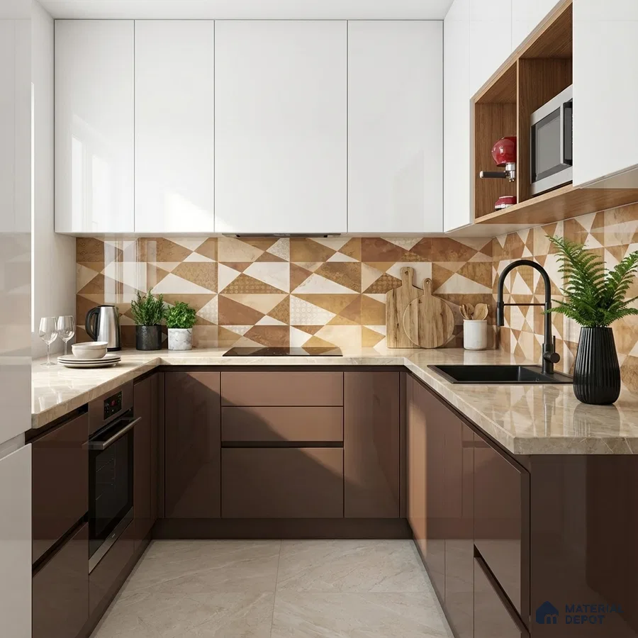 Modern kitchen with glossy brown laminate, white laminate, beige quartz countertop, and geometric patterned backsplash tile