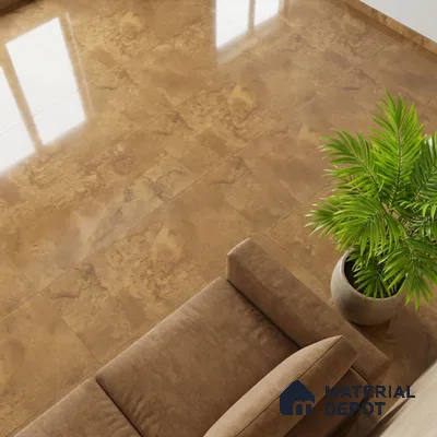 Modern living room with glossy brown marble-look floor tiles and suede sofa