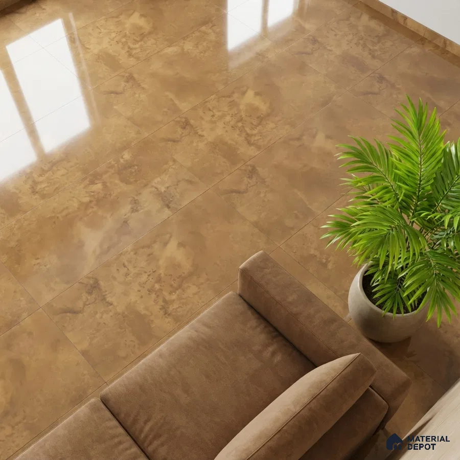 Modern living room with glossy brown marble-look floor tiles and suede sofa