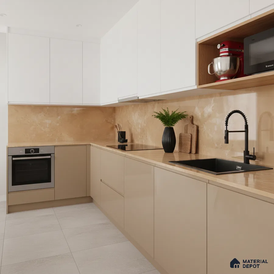 Modern kitchen with beige and white laminate, marble-look backsplash, and light grey floor tiles