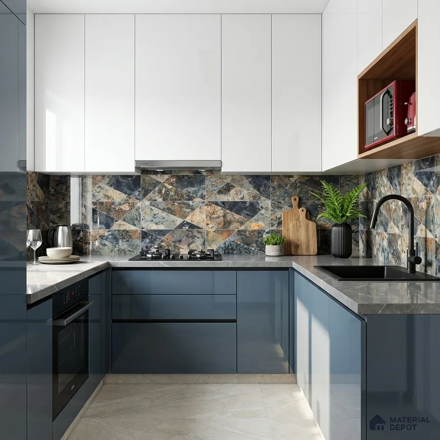 Modern kitchen with blue high gloss laminate, white laminate, geometric patterned backsplash tile, and grey quartz countertop