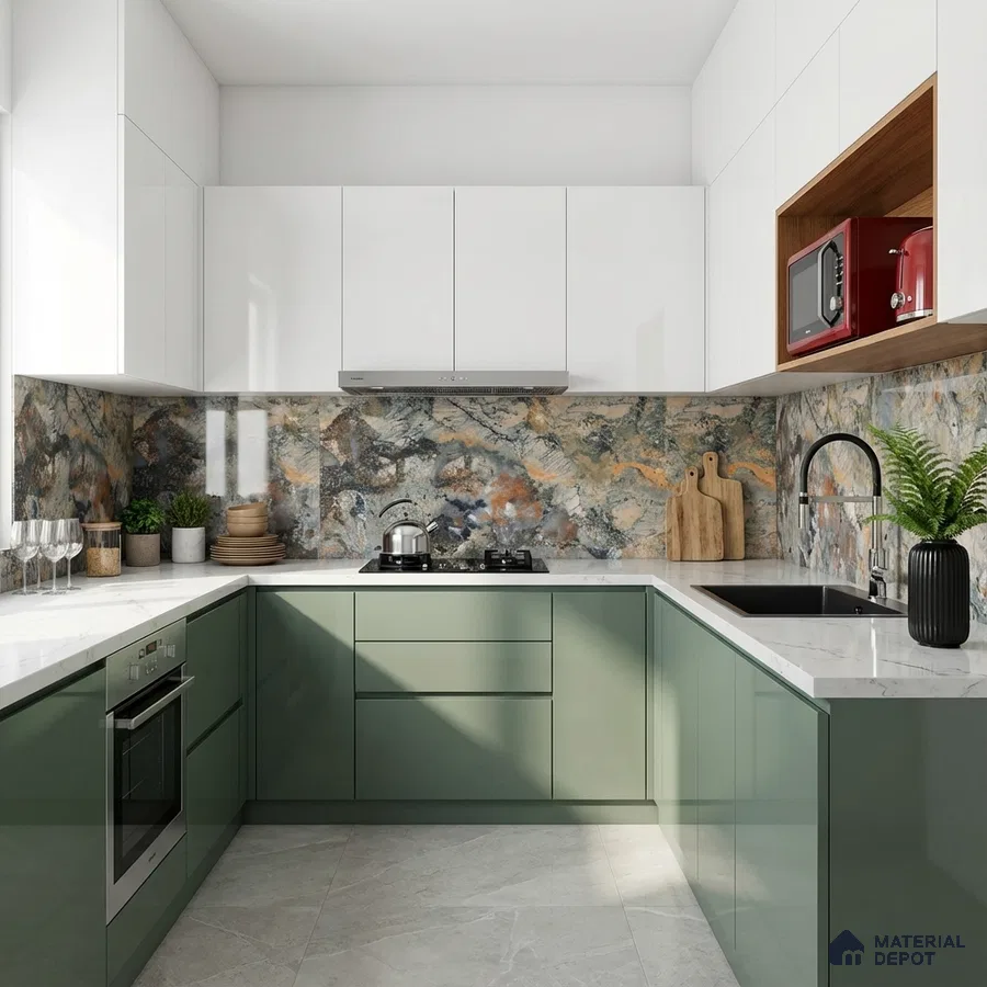 Modern kitchen with sage green and white laminate, marble-look backsplash tile, and white quartz countertop