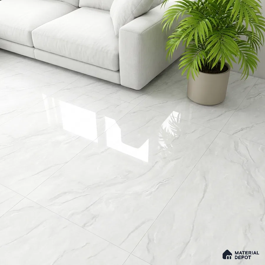 Minimalist living room with white marble-look floor tiles and light fabric sofa