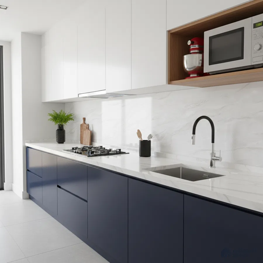 Modern dual tone kitchen with navy blue and frosty white laminate, white marble-look quartz countertop, and marble backsplash