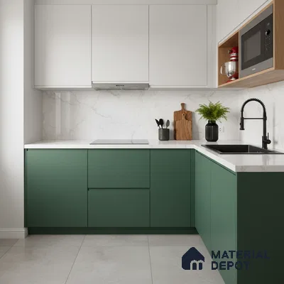 Modern dual tone kitchen with olive green laminate base cabinets and white marble-look backsplash