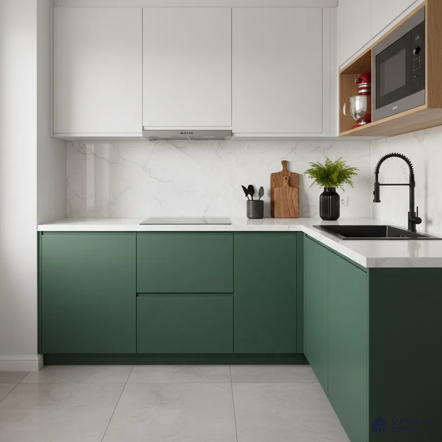 Modern dual tone kitchen with olive green laminate base cabinets and white marble-look backsplash