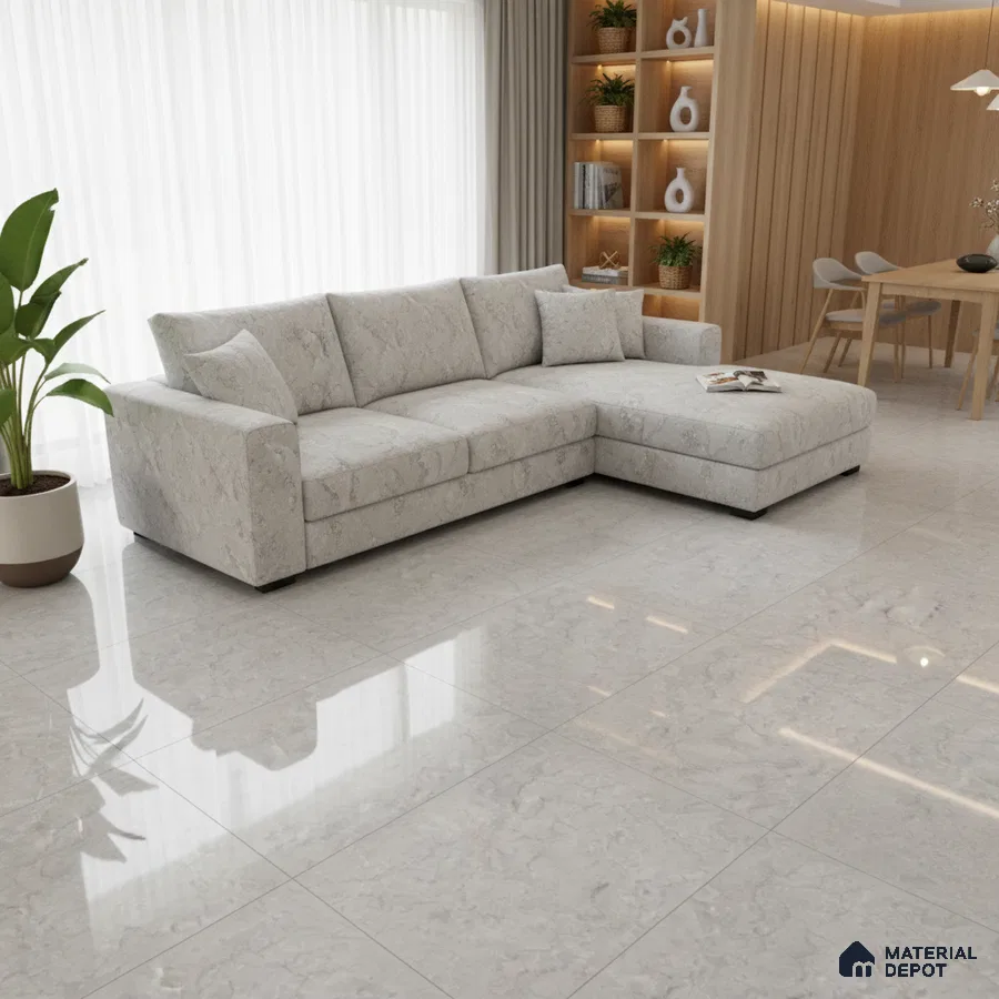 Modern living room with marble-look glossy floor tiles and light wood wall panels