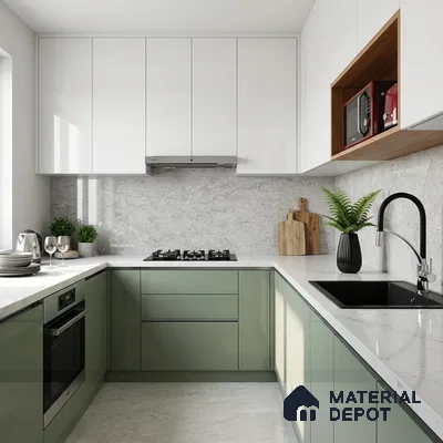 Modern dual tone kitchen with sage green and frosty white laminate, white marble-look quartz countertop, and marble backsplash
