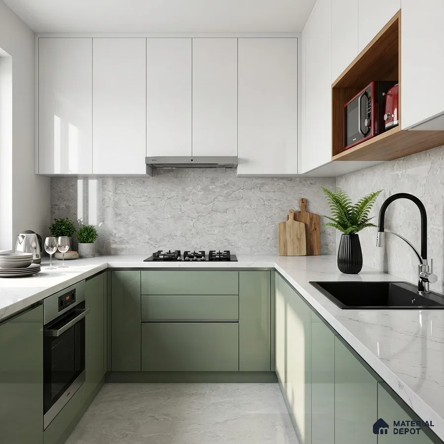 Modern dual tone kitchen with sage green and frosty white laminate, white marble-look quartz countertop, and marble backsplash
