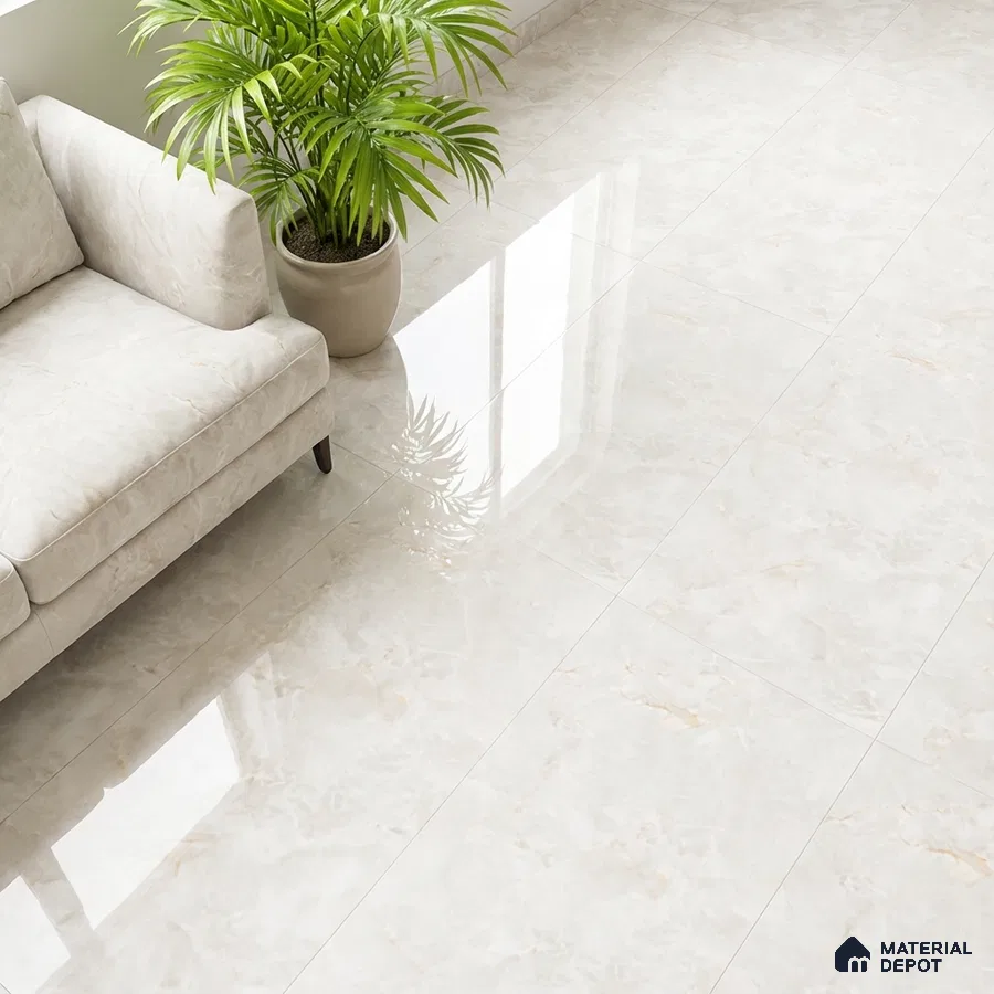 Minimalist living room with glossy white marble-look floor tiles and beige fabric sofa