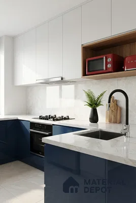 Modern dual tone kitchen with navy blue high gloss laminate, frosty white laminate, and white marble-look quartz countertop