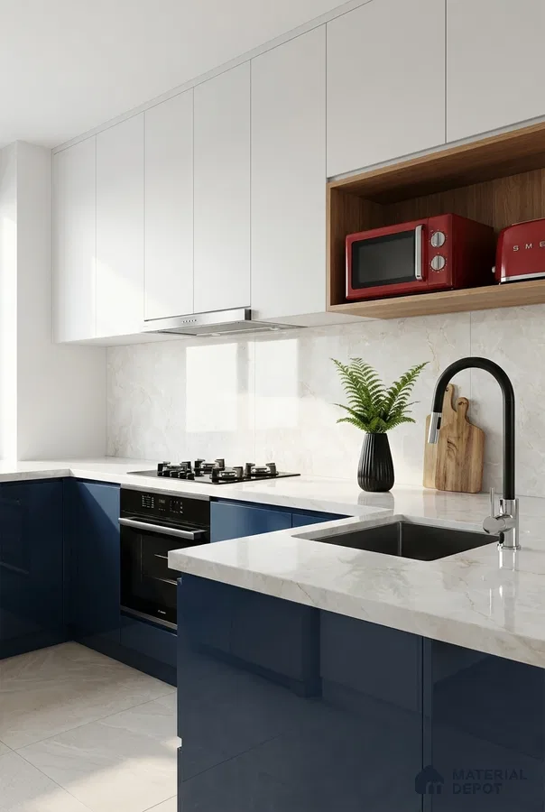Modern dual tone kitchen with navy blue high gloss laminate, frosty white laminate, and white marble-look quartz countertop