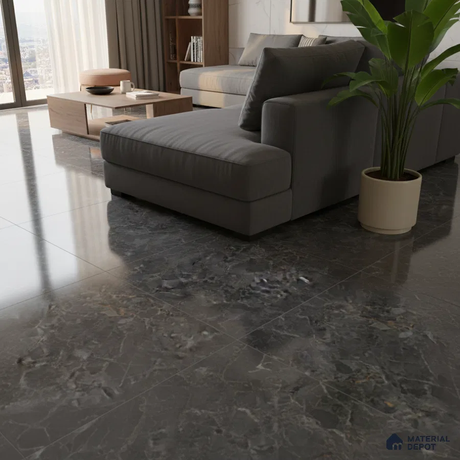 Modern living room with grey marble floor tiles and light wood furniture