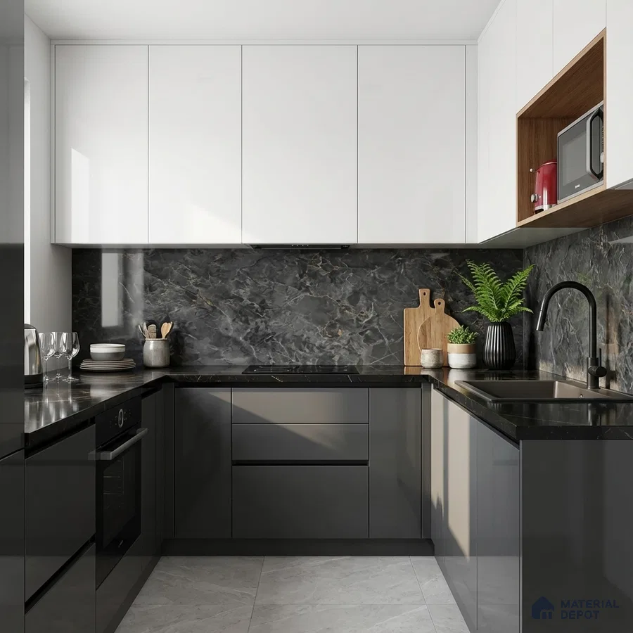Modern kitchen with glossy grey and white laminate, black marble-look backsplash, and grey floor tile