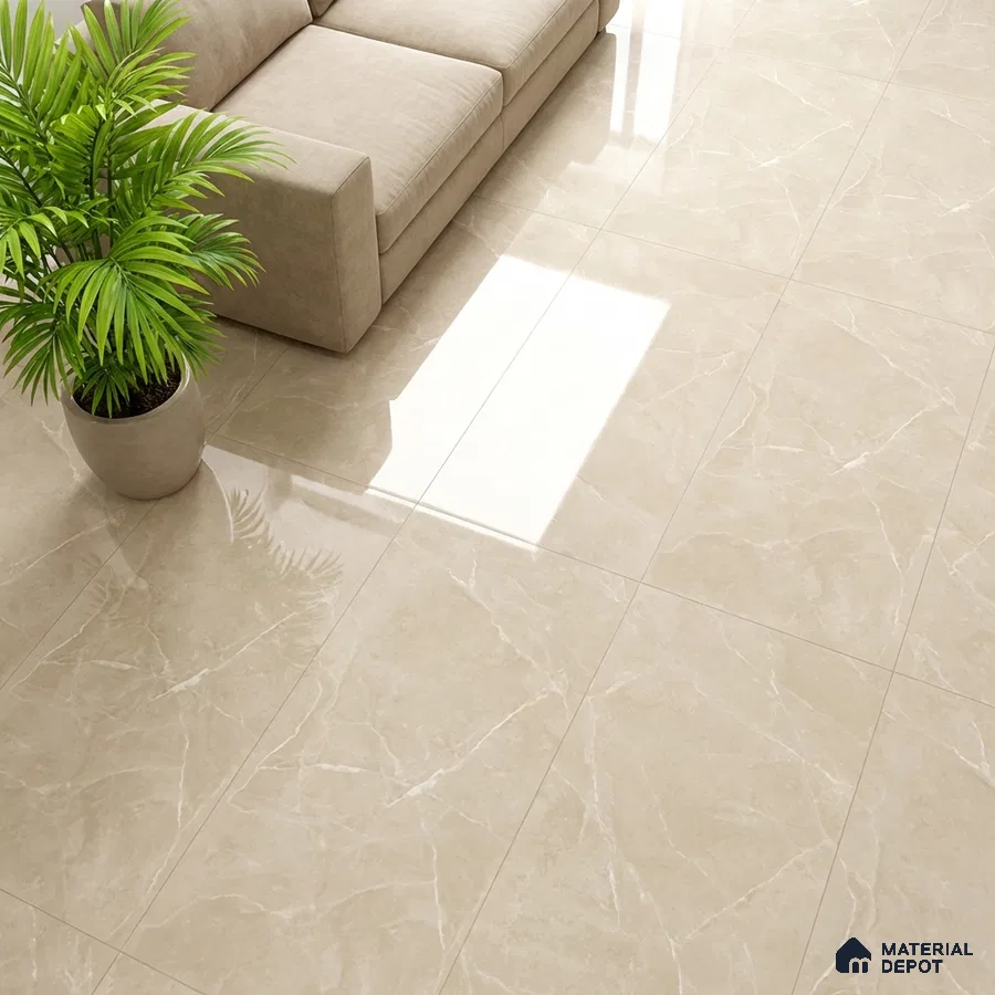 Modern living room with beige marble-look glossy floor tiles and neutral sofa
