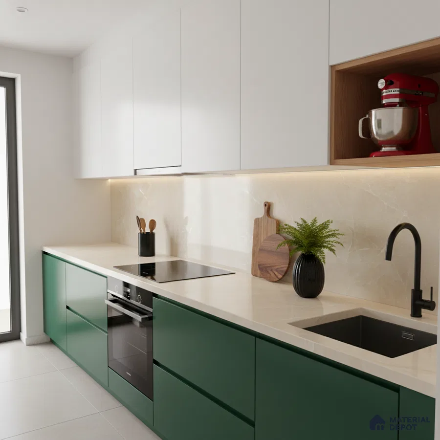 Modern kitchen with olive green and frosty white laminate, beige marble backsplash, and quartz countertop
