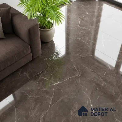 Modern living room with glossy brown marble floor tiles and brown fabric sofa