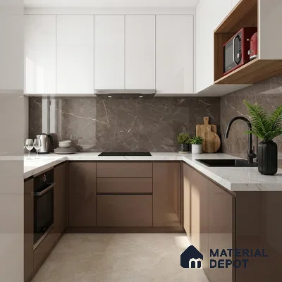 Modern U-shaped kitchen with glossy taupe laminate, white quartz countertop, and brown marble backsplash