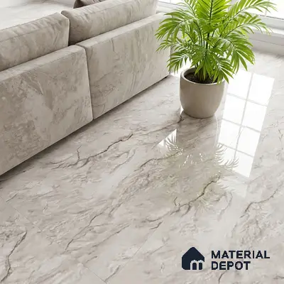 Modern living room with glossy marble-look floor tiles and beige suede sofa