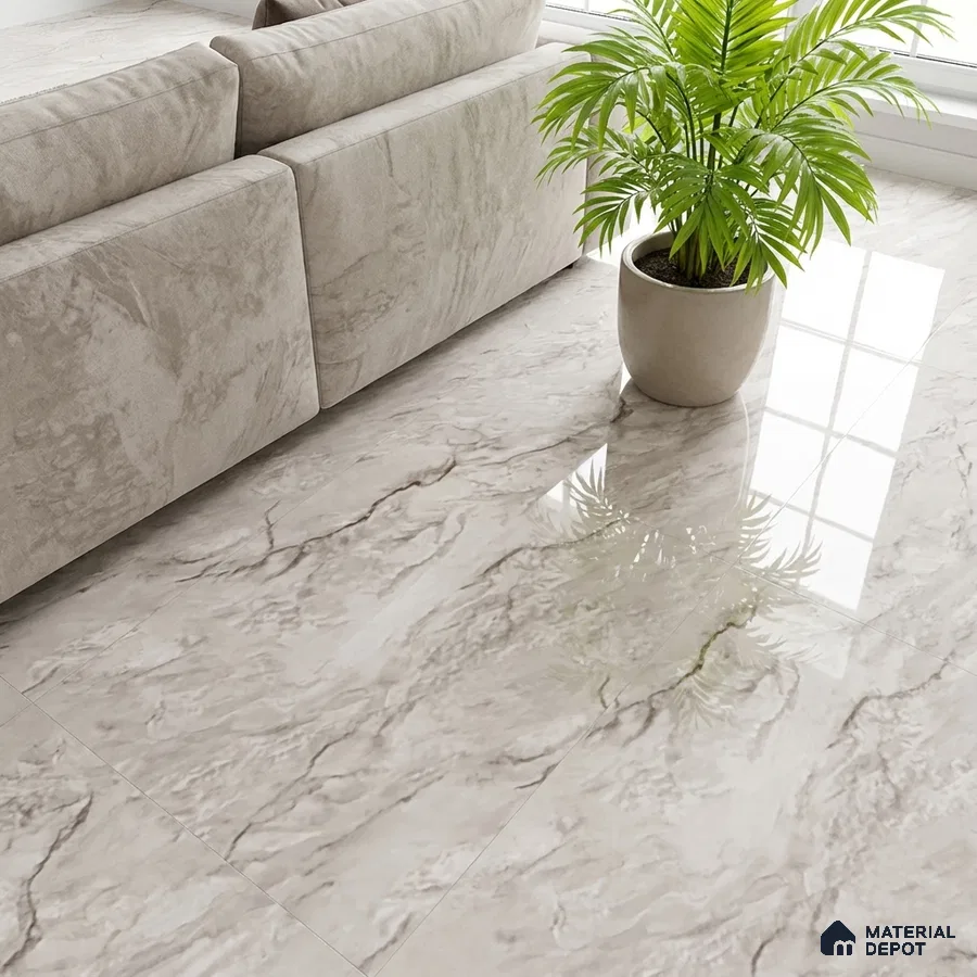 Modern living room with glossy marble-look floor tiles and beige suede sofa