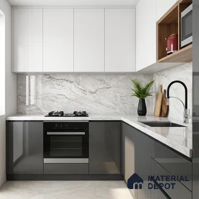 Modern kitchen with white marble-look backsplash, glossy grey laminate base cabinets, and white laminate wall cabinets