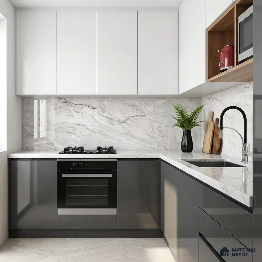 Modern kitchen with white marble-look backsplash, glossy grey laminate base cabinets, and white laminate wall cabinets