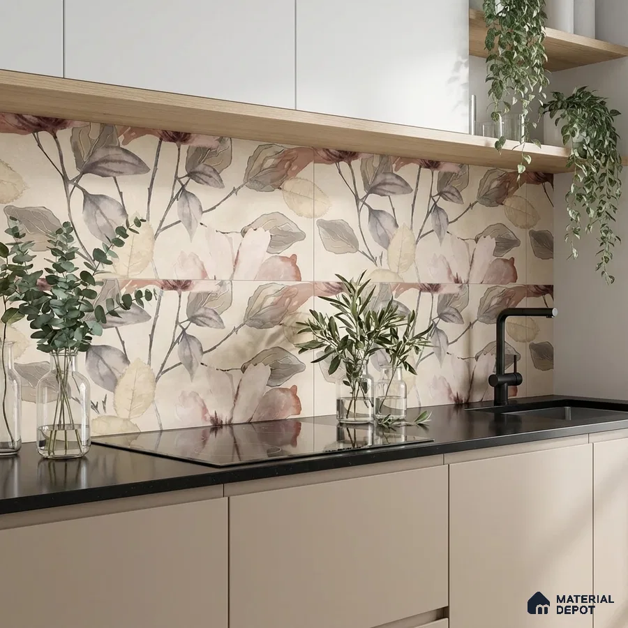 Modern kitchen with floral highlighter backsplash tiles, beige laminate cabinets, and black quartz countertop