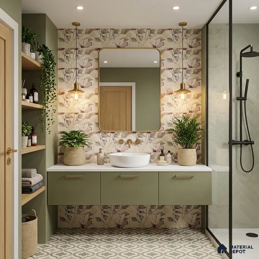 Scandinavian bathroom with sage green laminate vanity, floral patterned wall tiles, and geometric floor tiles