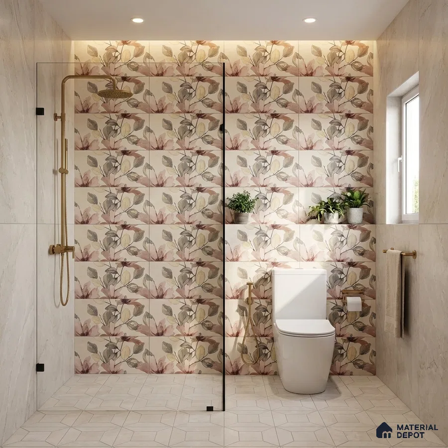 Modern bathroom with floral highlighter wall tiles and beige marble-look wall tiles