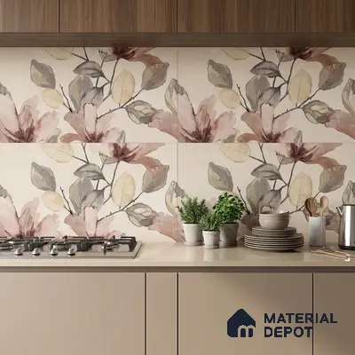 Modern kitchen with floral patterned backsplash tile, beige laminate cabinets, and wood grain overhead cabinets