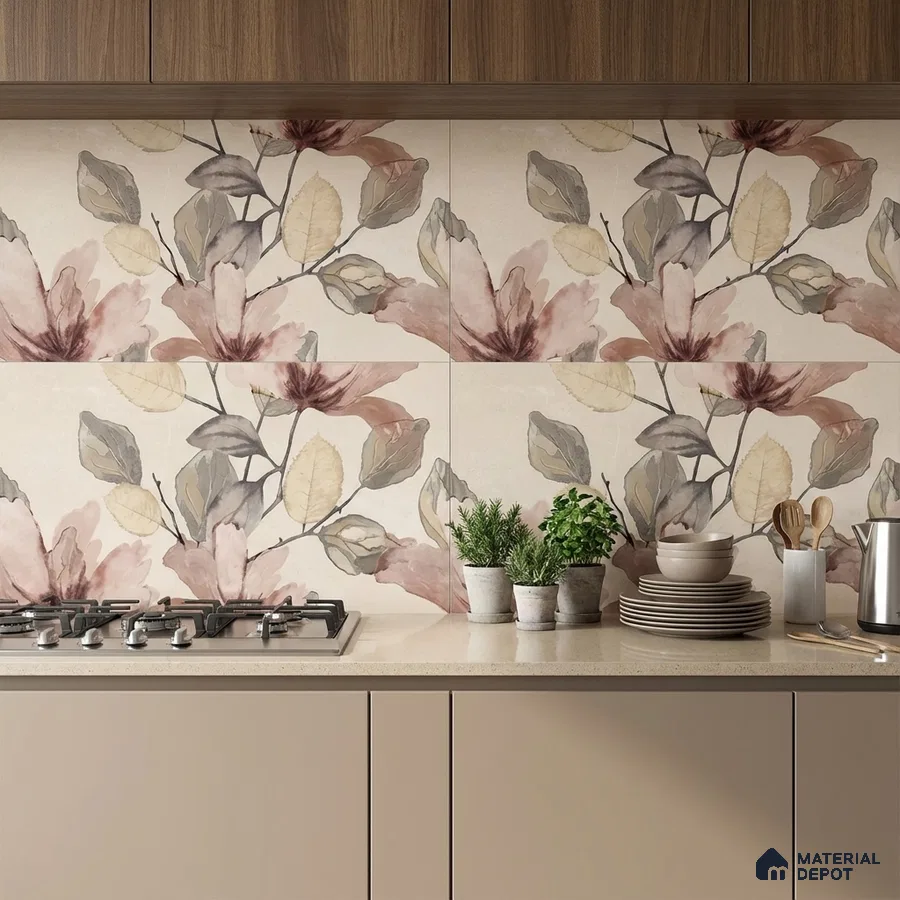 Modern kitchen with floral patterned backsplash tile, beige laminate cabinets, and wood grain overhead cabinets