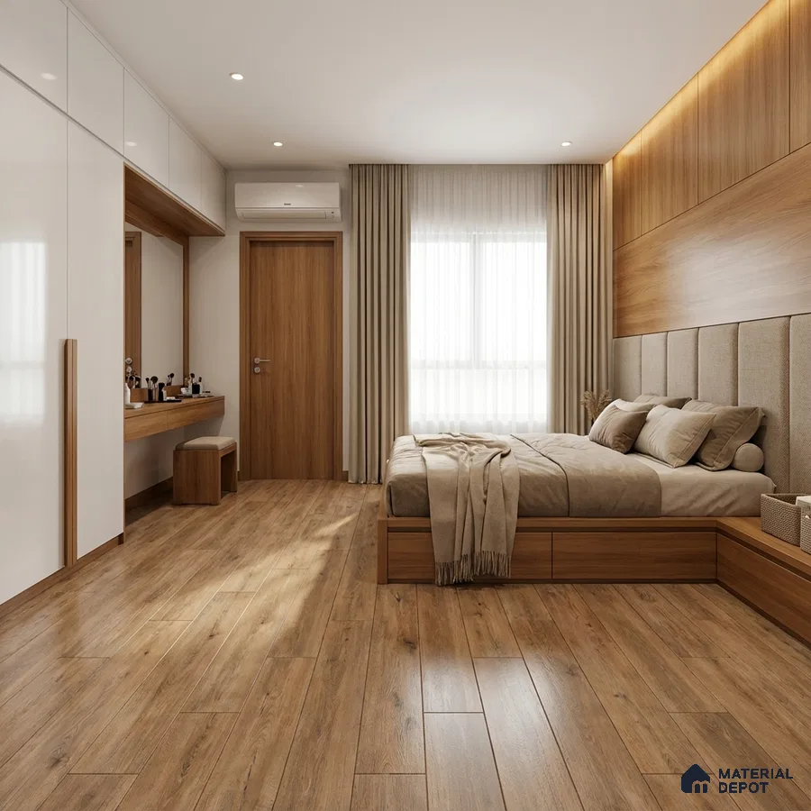 Scandinavian bedroom with oak wood flooring, white laminate wardrobe, and natural wood wall panel
