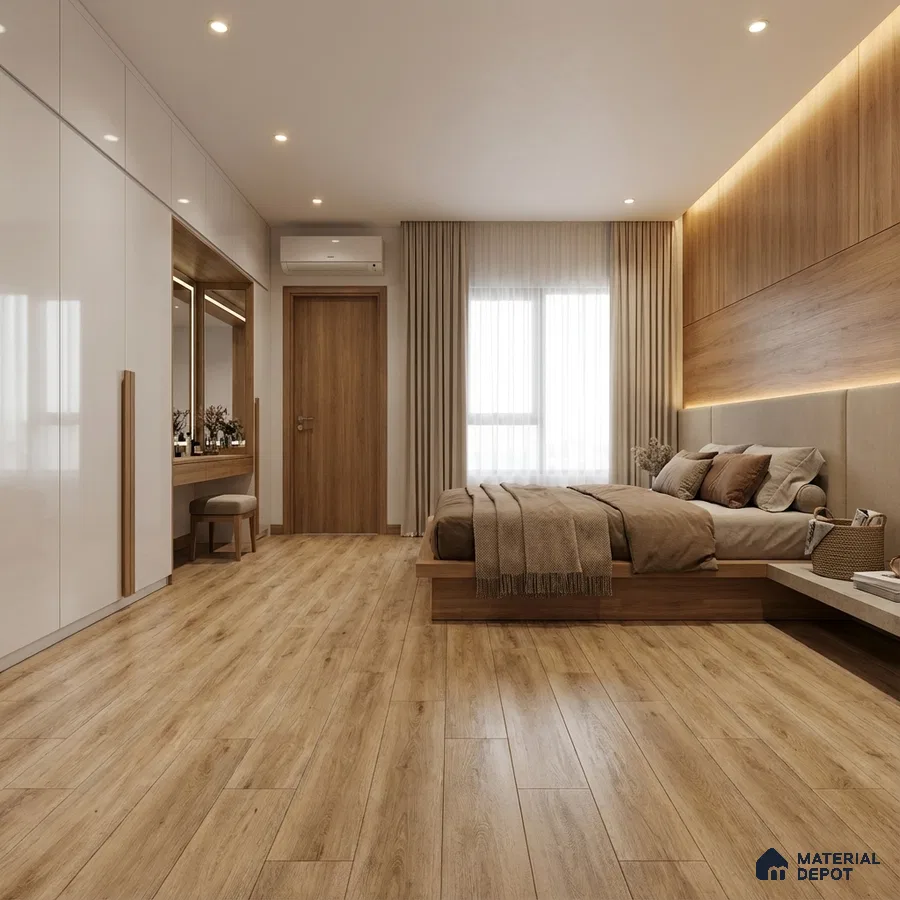 Minimalist bedroom with oak wood flooring, glossy white wardrobe, and natural wood panel headboard