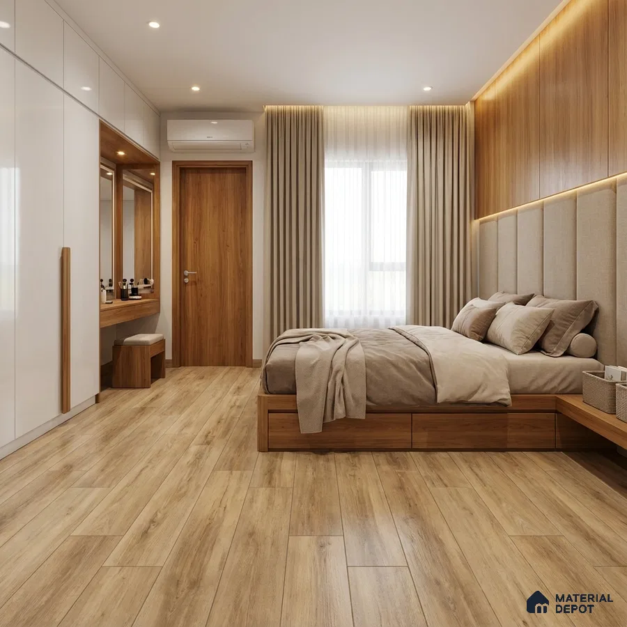 Minimalist bedroom with oak wood flooring, white high gloss wardrobe, and beige upholstered headboard