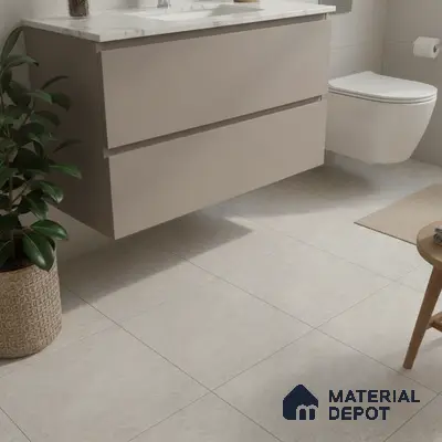 Minimalist bathroom with beige matte laminate vanity and light grey stone floor tiles