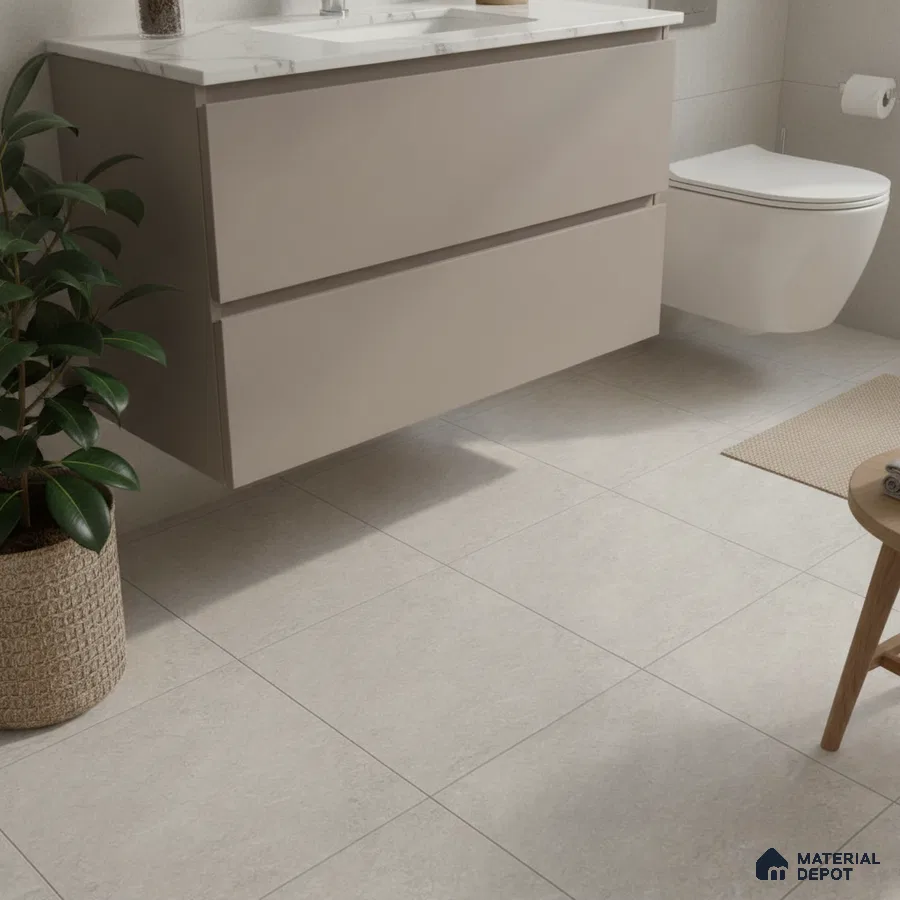 Minimalist bathroom with beige matte laminate vanity and light grey stone floor tiles