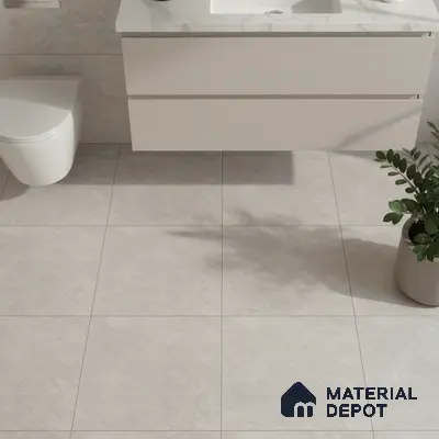 Minimalist bathroom with light grey stone floor tiles and marble-look countertop